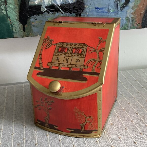 VTG Tin Hinged Bin Lidded Canister Storage Box Asian Chinoiserie Made in Italy - Picture 1 of 14